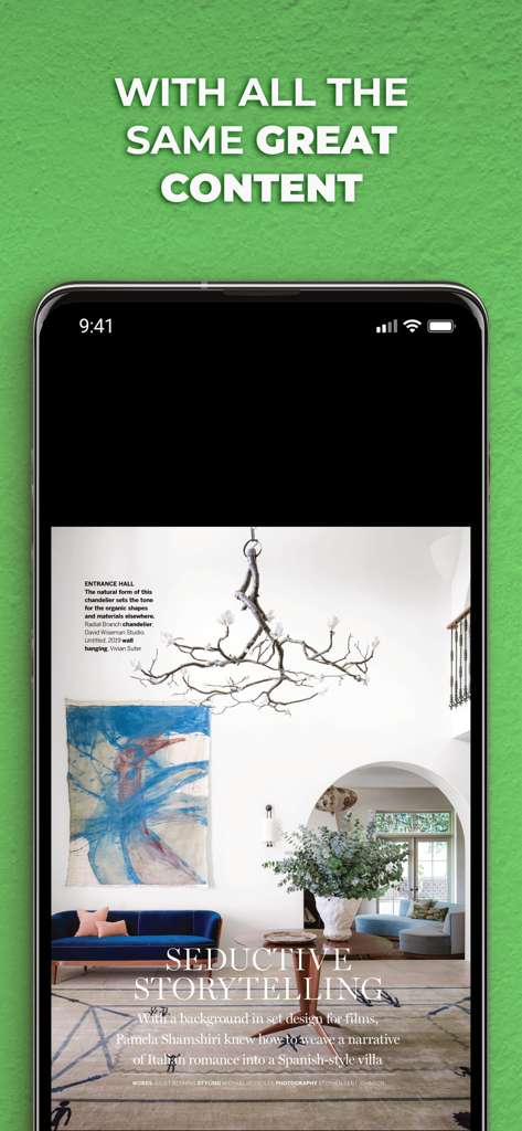 Homes and Gardens Magazine app displaying a luxury interior design article on a smartphone