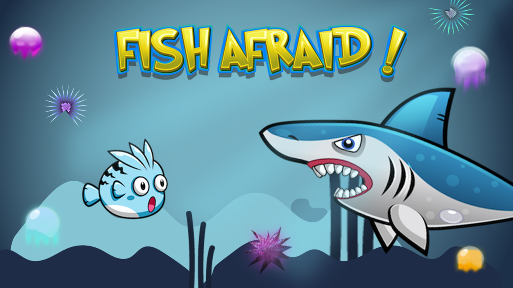 Un pequeño pez azul nadando lejos de un gran tiburón con dientes afilados en el juego submarino Fish Afraid