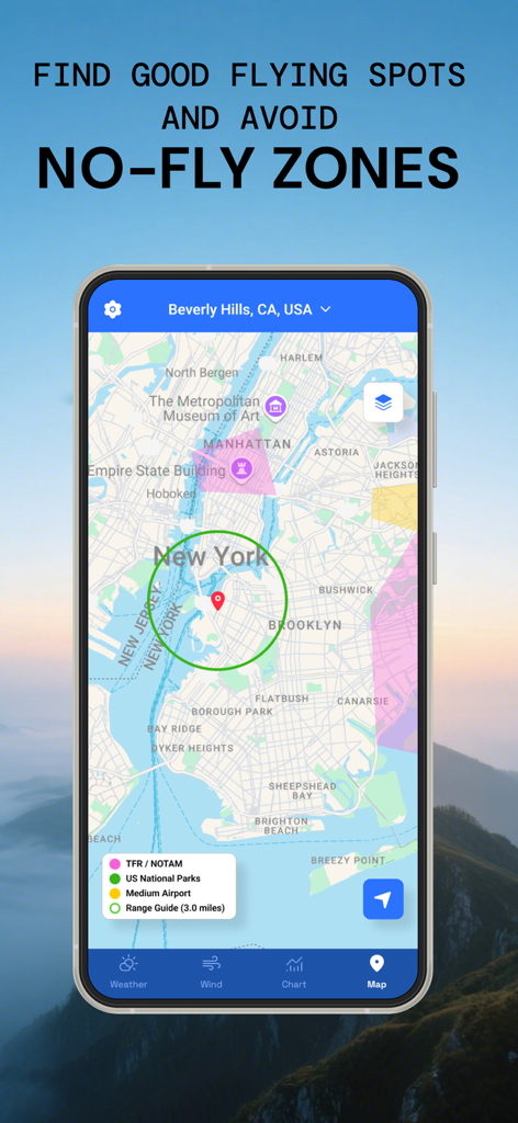 Drone UAV Fly Forecast: AirMap - Drone map interface showing restricted flight areas and no fly zones in a city