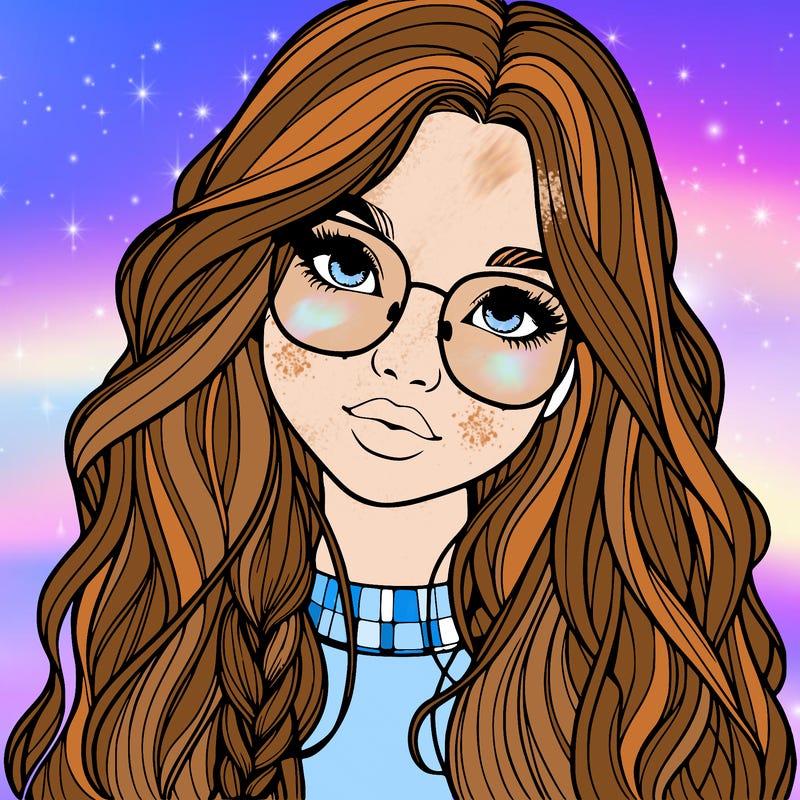 girl with long hair and freckles and glasses realistic