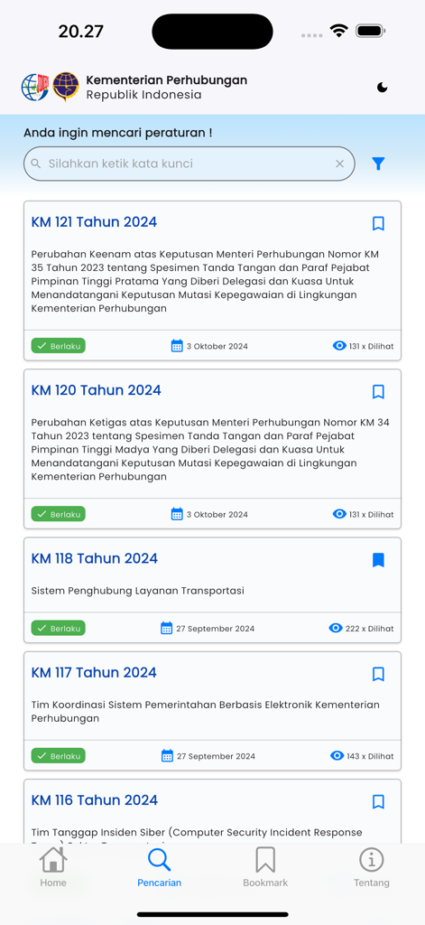 JDIH Kemenhub RI - Search interface of the JDIH Kemenhub RI app showing a list of Indonesian transportation regulations