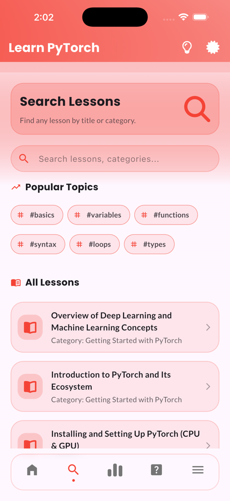Learn PyTorch Tutorials - PyTorchアプリのインターフェース。検索機能と人気のトピックタグが表示されています。