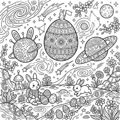Discover a universe where Easter magic meets cosmic exploration! This detailed coloring page features delightful space bunnies and exoplanets transformed into festive Easter eggs, designed especially for teens.