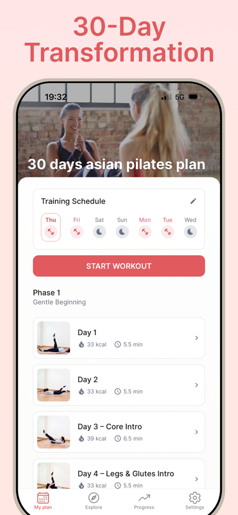 Asian pilates: Pilates at Home - Mobile app interface for Asian Pilates showing a 30 day training schedule and daily exercise routines