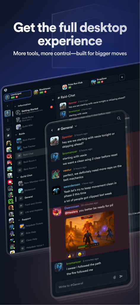Root: Built for Community - Root community app showing synchronized chat and channel interface on both desktop and mobile devices