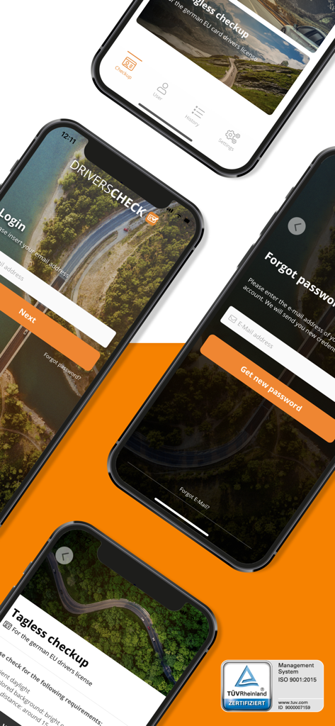 DriversCheck - Multiple screens of the DriversCheck app showing login and license checkup features.