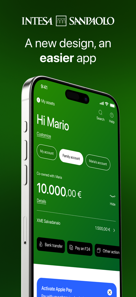 Intesa Sanpaolo Mobile - Interfaz de la aplicación bancaria Intesa Sanpaolo Mobile en un smartphone mostrando saldos de cuenta y opciones de pago