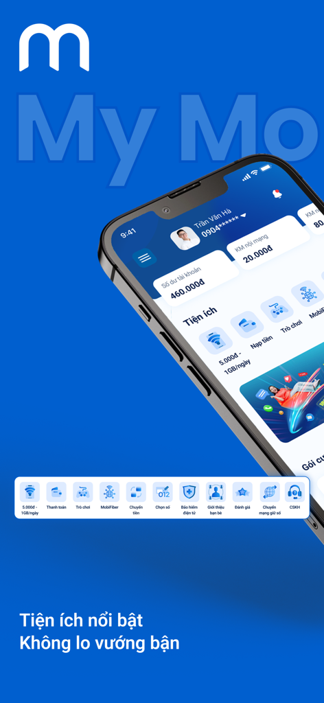 Interfaz de la aplicación My MobiFone mostrando el saldo de la cuenta y las utilidades de servicio