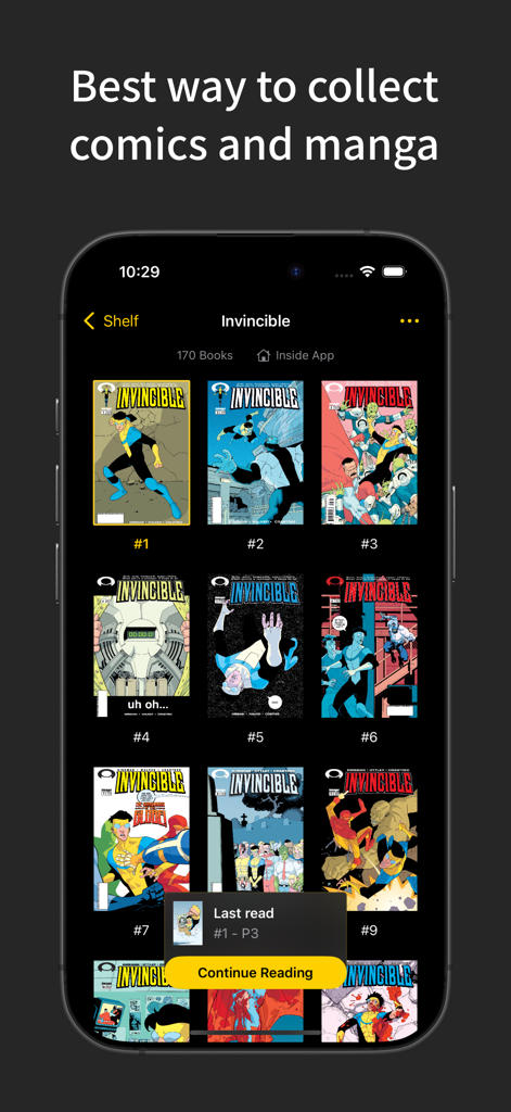 A digital comic library interface showing a collection of comics on a smartphone screen.