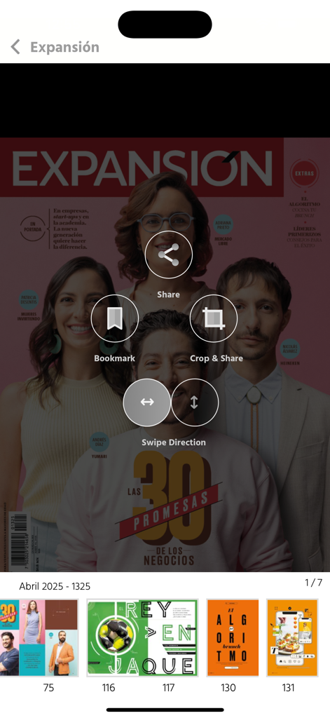 Digital interface of the Revista Expansion app showing a magazine cover with share bookmark and crop features