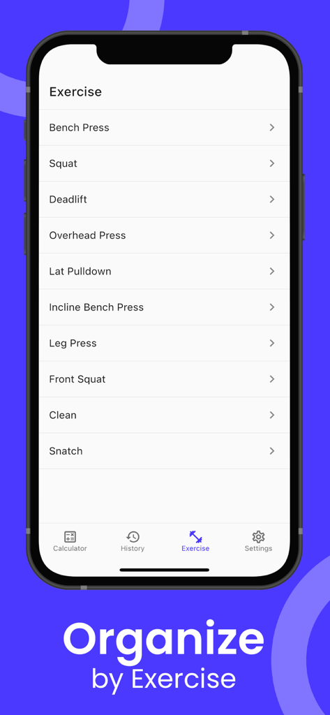1RM Calculator app interface showing a list of exercises including bench press squat and deadlift