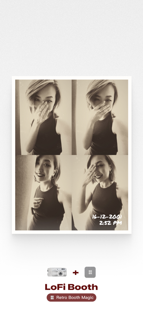 Un collage de cabina de fotos estilo vintage de 2x2 con un filtro granulado y sello de fecha