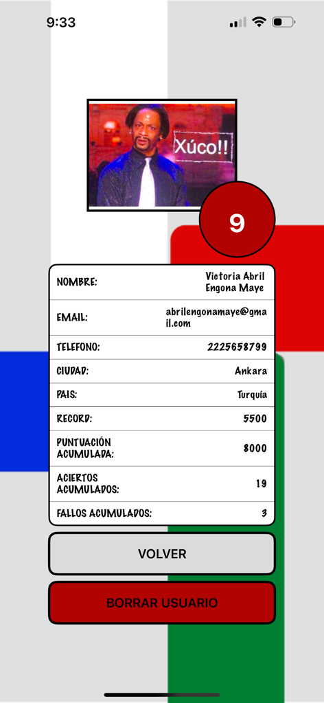 Guinealogia - Detalles del perfil de usuario y estadísticas del juego en la aplicación móvil de trivia Guinealogia