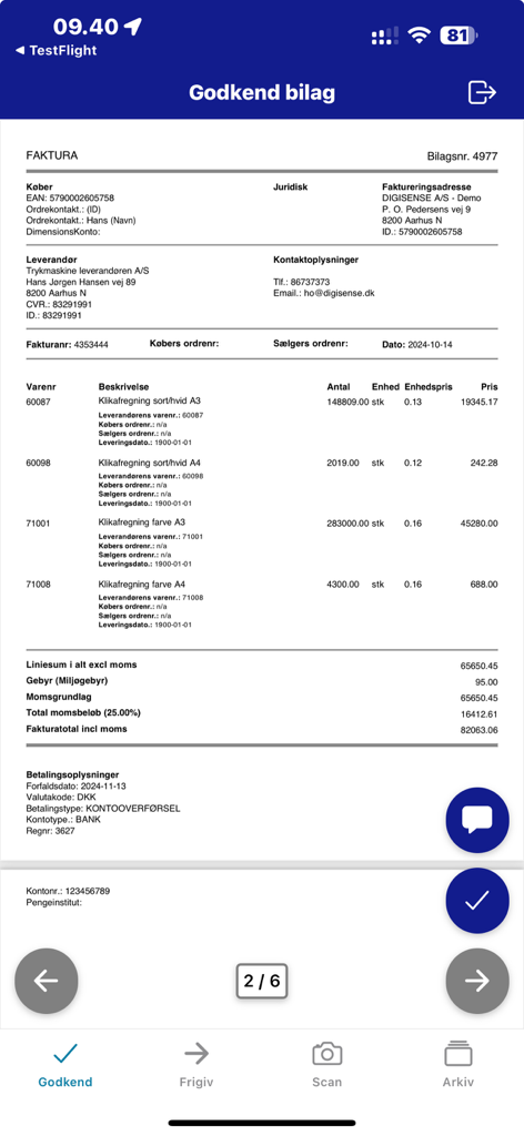 Digiflow mobile app screen showing a digital invoice ready for approval