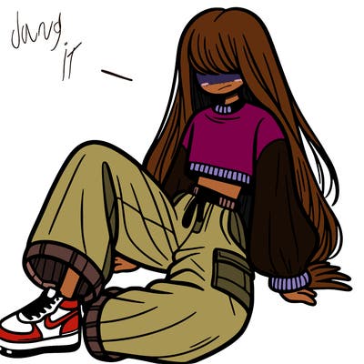 a girl with baggy pants and a crop top with long hair