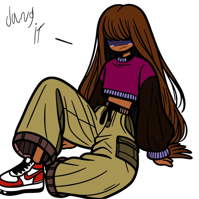 a girl with baggy pants and a crop top with long hair