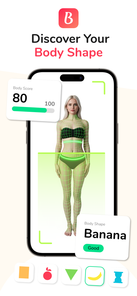 BodyMuse: Body Shape Analysis - Smartphone showing BodyMuse app interface with an AI body scan identifying a banana body shape