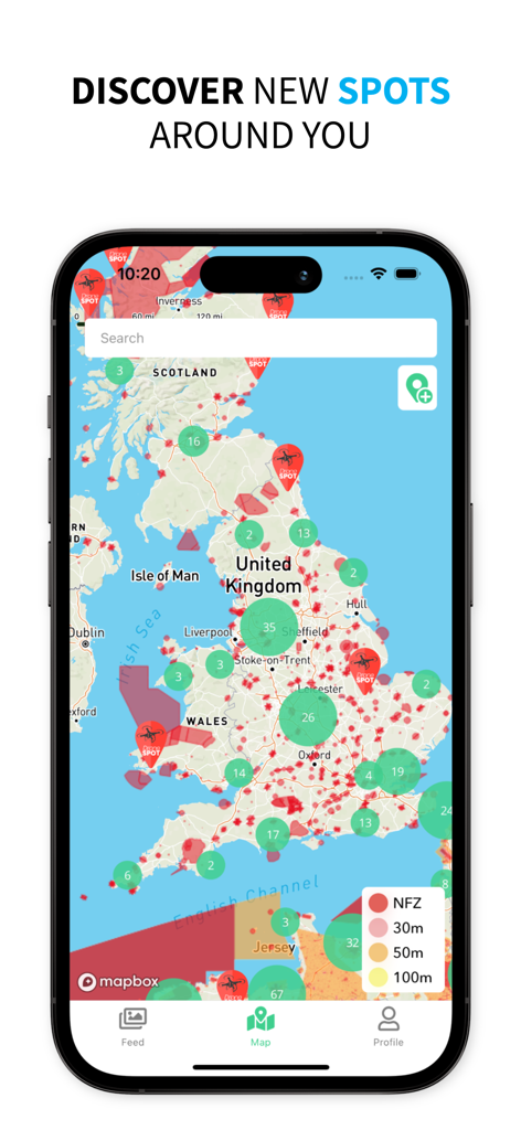 Drone Spot – Forecast and Map - Mobile app screen showing a map of the United Kingdom with drone flying spots and no-fly zones
