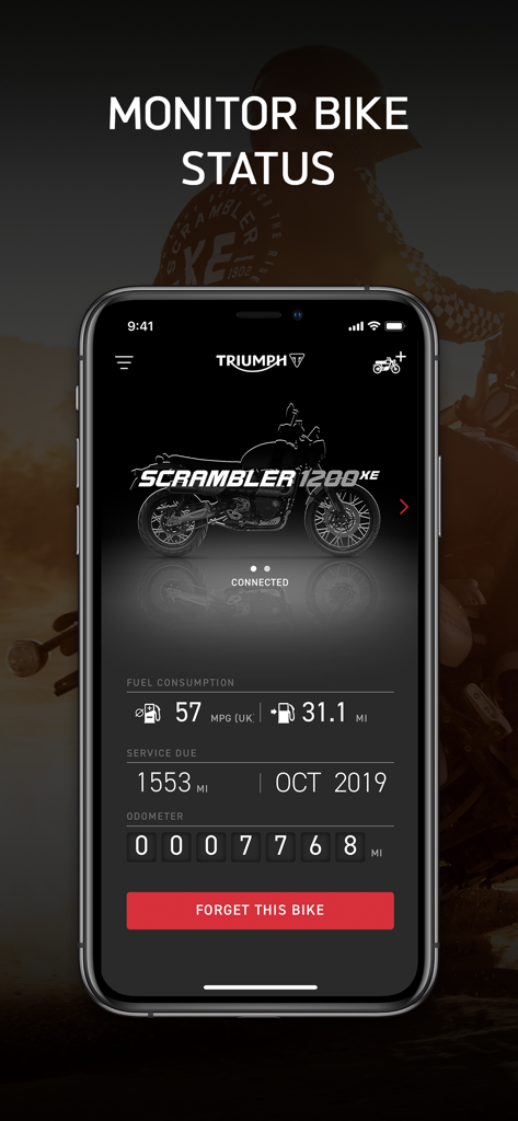 My Triumph - Smartphone screen showing the My Triumph app bike status for a Scrambler 1200 XE including fuel consumption and service data