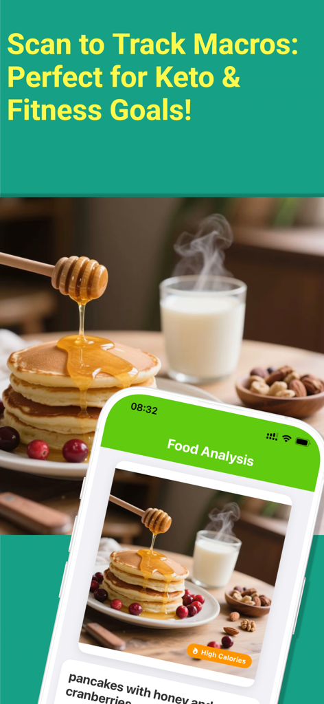 Diet Scan AI - Calorie Tracker - A smartphone using Diet Scan AI photo recognition to track calories and macros for a plate of pancakes.