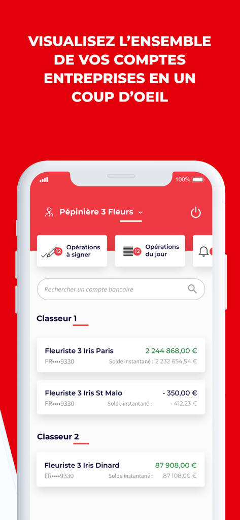 Tableau de bord de l'application Sogecash Net SG affichant une liste de comptes bancaires d'entreprise et de soldes en français