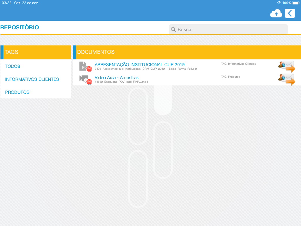 SalesDriver app document repository on iPad displaying institutional presentations and video lessons