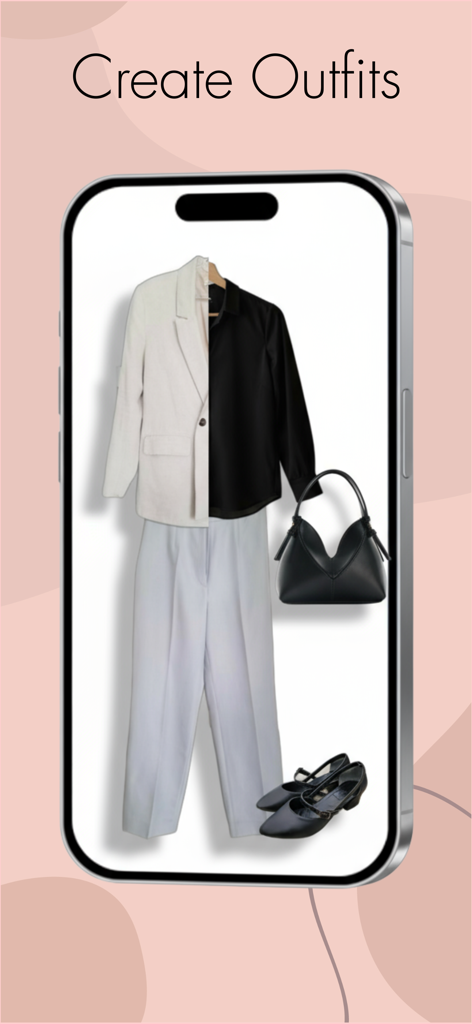 Stylegenai - Outfit Planner - A mobile interface from Stylegenai showing a curated outfit with a beige blazer, black top, grey trousers, handbag, and shoes.