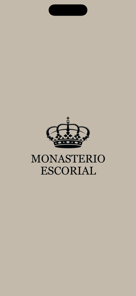 Ecrã de abertura da aplicação Mosteiro do Escorial com o logótipo da coroa real