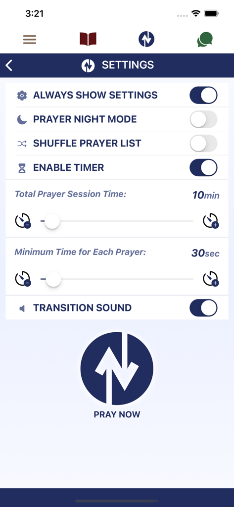 Bible Study Together - Interfaz para gestionar el tiempo y la configuración de la sesión de oración en la aplicación Estudio Bíblico Juntos.