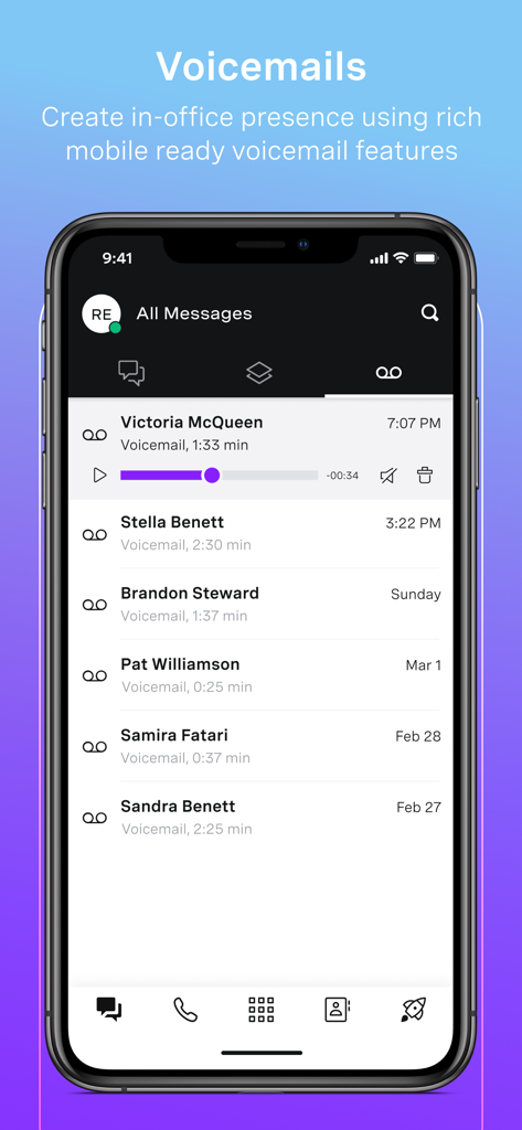 Vonage Business Communications - Application Vonage Business Communications affichant une liste de messages vocaux avec des commandes de lecture
