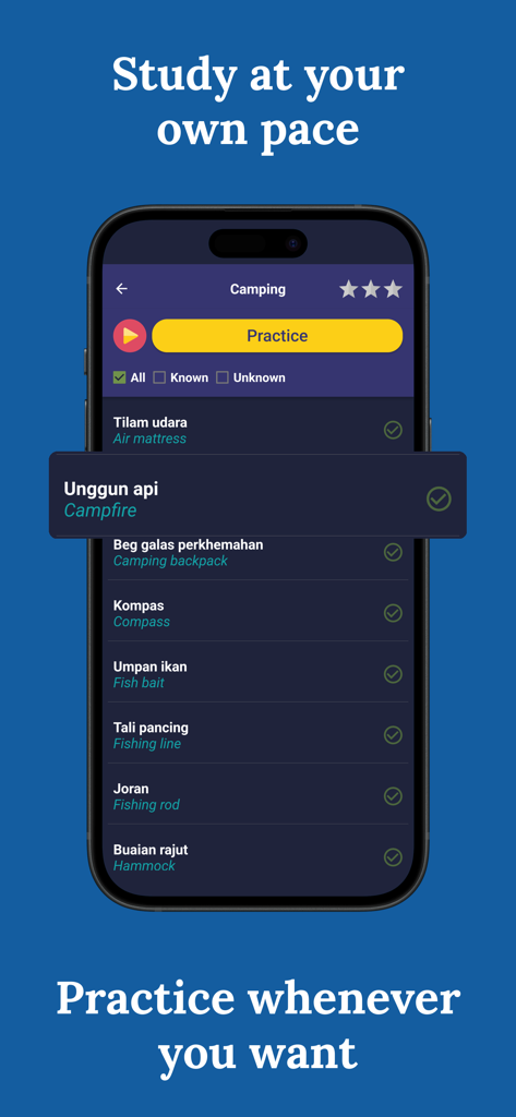 Learn Malay (Beginners) - Bildschirm einer mobilen App, der eine Liste malaysischer Camping-Vokabeln mit englischen Übersetzungen und einer Übungsschaltfläche zeigt.