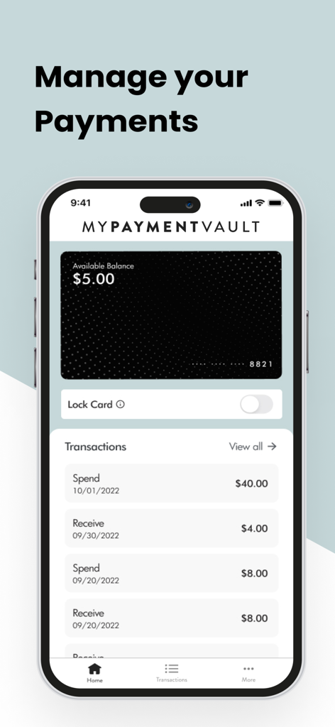 MyPaymentVault app dashboard displaying available balance and recent transaction history