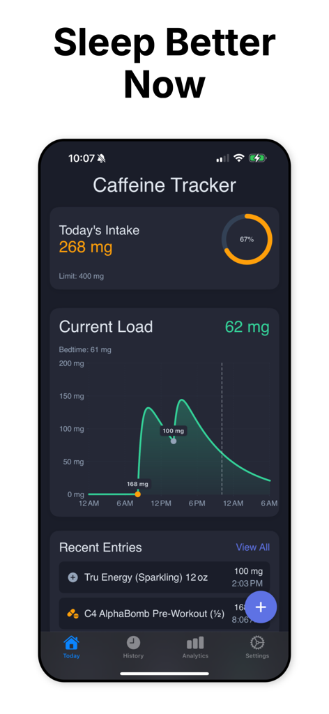 Caffeine Tracker App - Tableau de bord de l'application Caffeine Tracker avec un graphique d'apport quotidien et de métabolisme pour un meilleur sommeil.