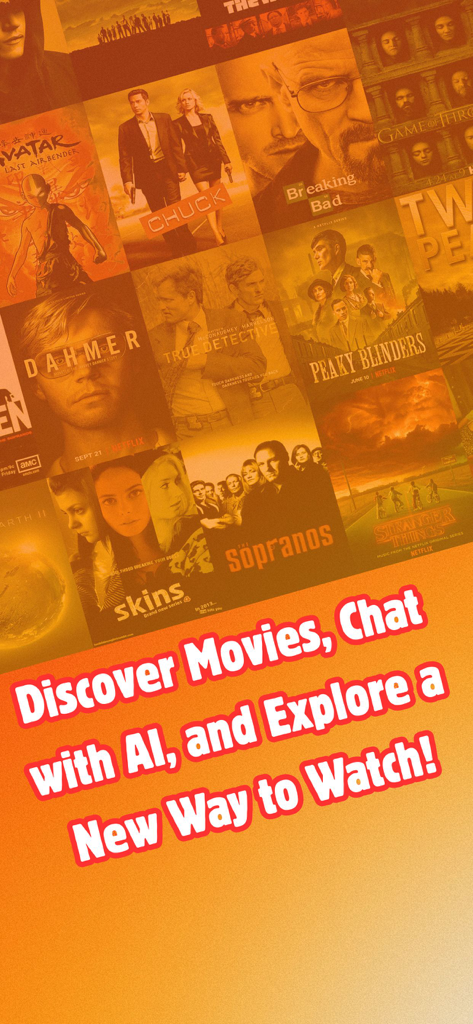 Lookmovie : movies & TV Shows - Lookmovie app promotional screen featuring a collage of popular movie and TV show posters with AI discovery text.