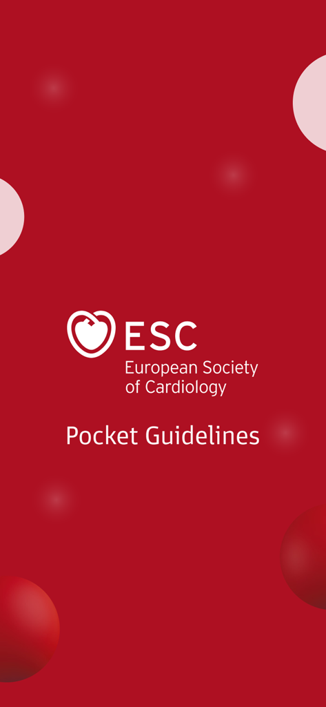 Schermata principale dell'app ESC Pocket Guidelines con il logo della Società Europea di Cardiologia.