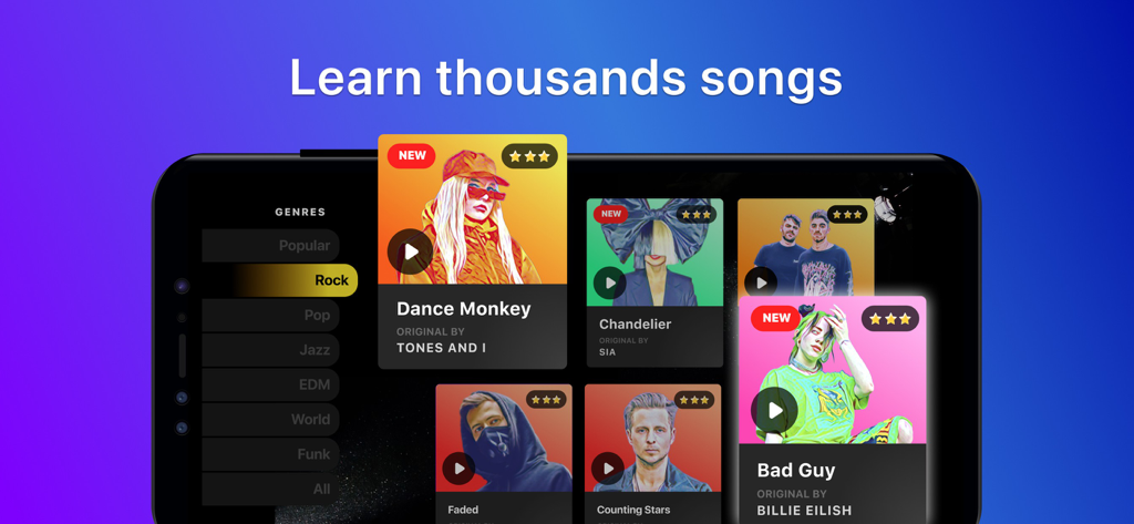 Drums: Learn & Play Beat Games - Interfaz de la aplicación Drums que muestra una biblioteca de canciones con pistas populares como Bad Guy y Dance Monkey para aprender y tocar.