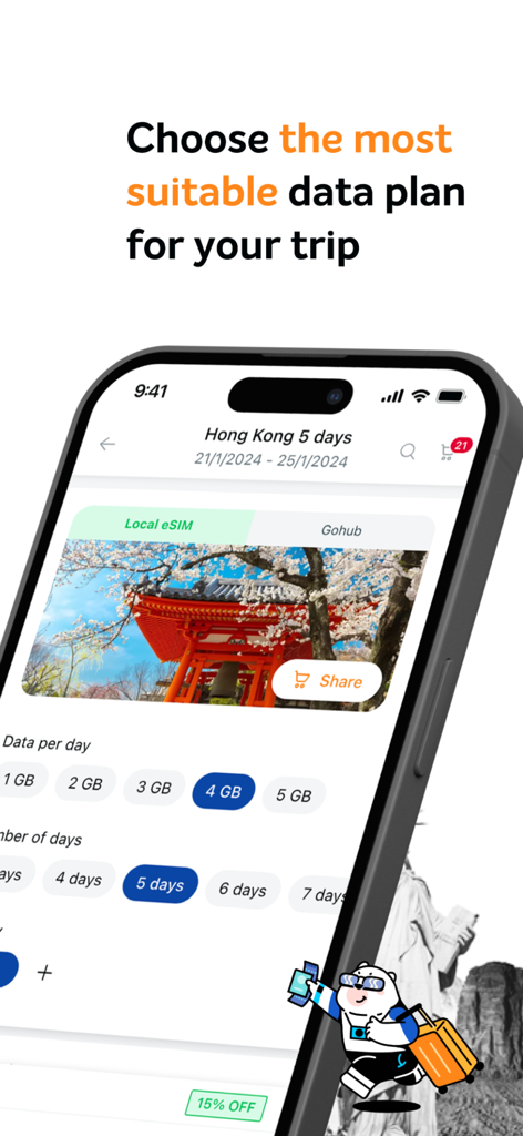 Gohub eSIM - Interface of the Gohub eSIM app showing customizable data plan options for international travel.
