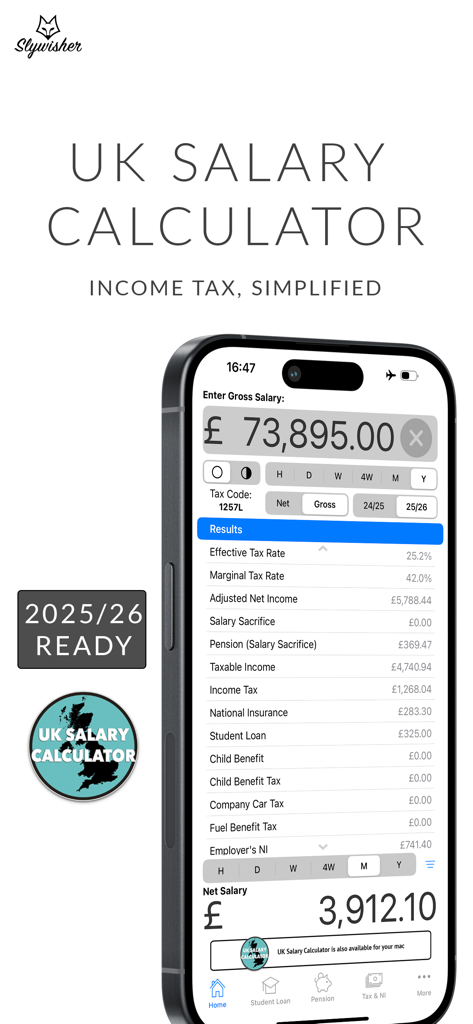 iPhone interface of the UK Salary Calculator app showing a detailed gross to net salary breakdown for the 2025/26 tax year