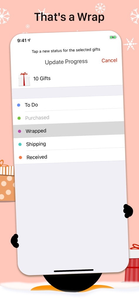 The Christmas List - Mobile app interface showing gift progress tracking with options like Wrapped, Purchased, and Shipping