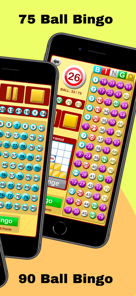 Bingo at Home - Mobile screens of the Bingo at Home app showing 75 and 90 ball bingo caller interfaces