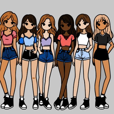 a group of girls wearing crop tops and shorts