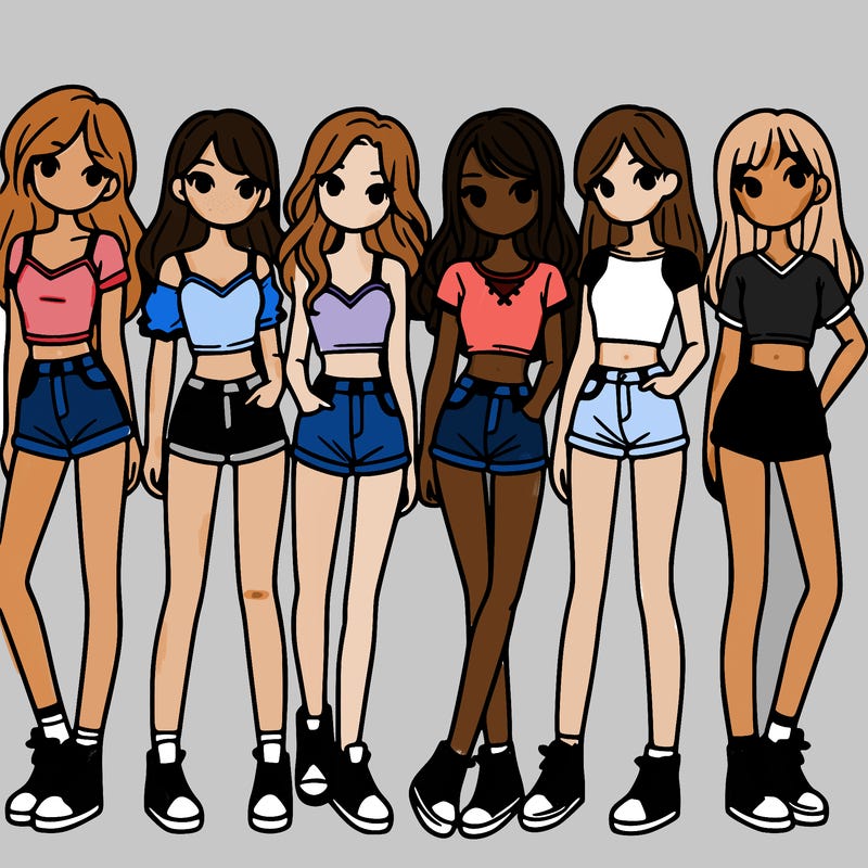 a group of girls wearing crop tops and shorts