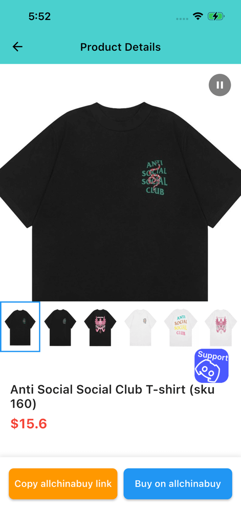 AllChinaBuy Sheets - Product details page of the AllChinaBuy Sheets app featuring an Anti Social Social Club t-shirt with purchase options.