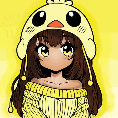 anime girl with chick shaped hat with sweater with bare shoulders with bangs covering them one eye with low tail