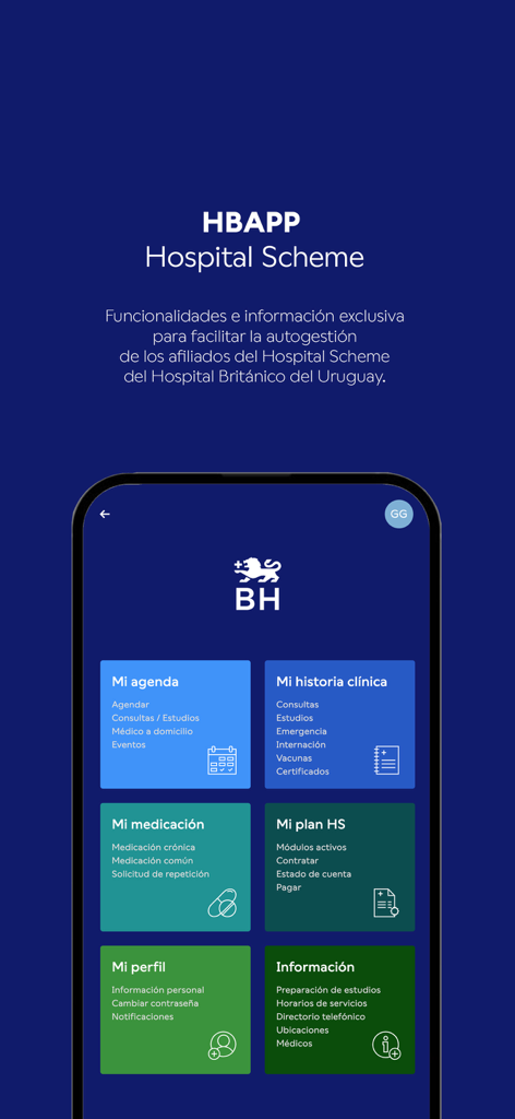 医療記録、予約、投薬管理のセクションがあるHospital Británicoモバイルアプリのダッシュボード。