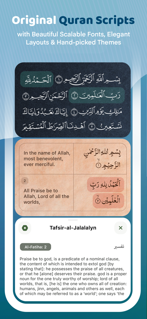 Muslim Mate App-Oberfläche mit originalen Koran-Skripten, englischen Übersetzungen und Tafsir-Kommentaren