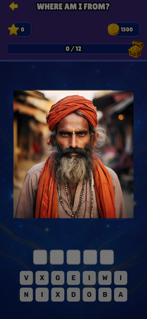 Quiz: What Country Am I From? - Gameplay of the Quiz What Country Am I From mobile app showing a man and letter tiles