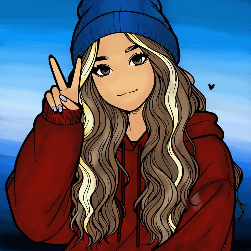 a teenage girl in a beanie, oversized sweatshirt, wavy long hair, and is showing a ✌️