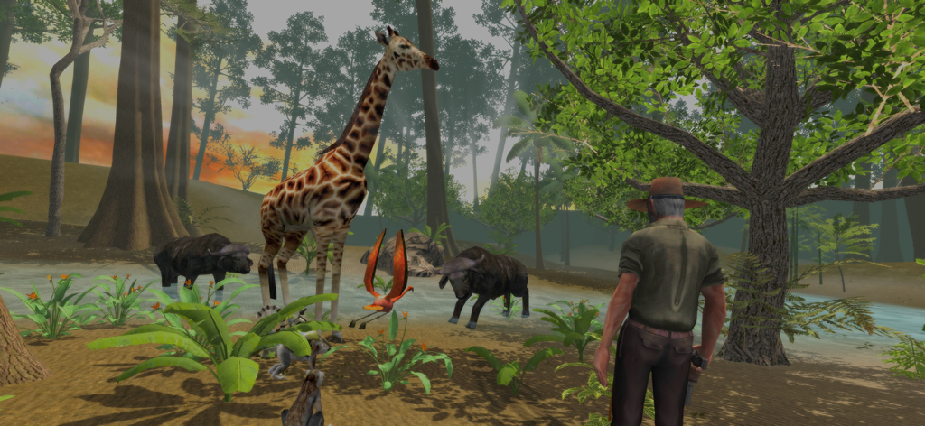 4x4 Safari: Evolution-U - A hunter observing a giraffe and buffaloes in a lush jungle environment.