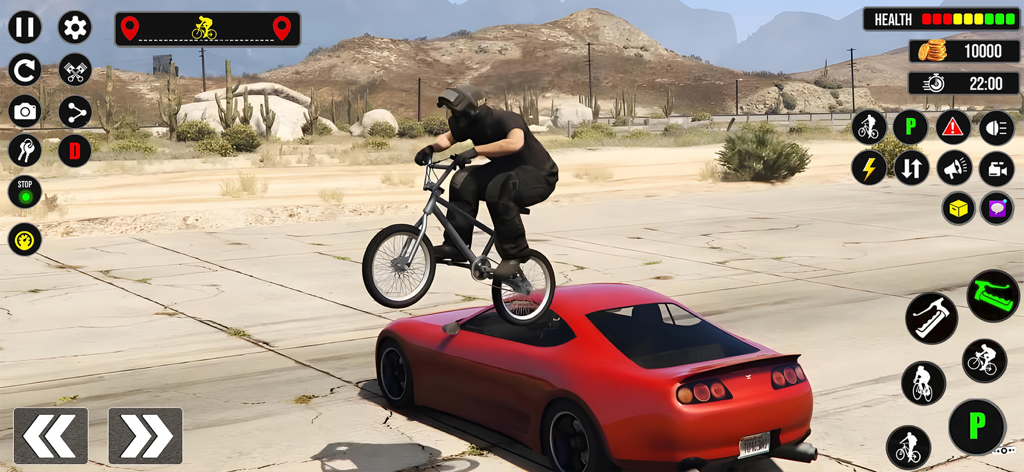 Un ciclista de BMX realizando un salto acrobático sobre un coche deportivo rojo en un entorno desértico al aire libre